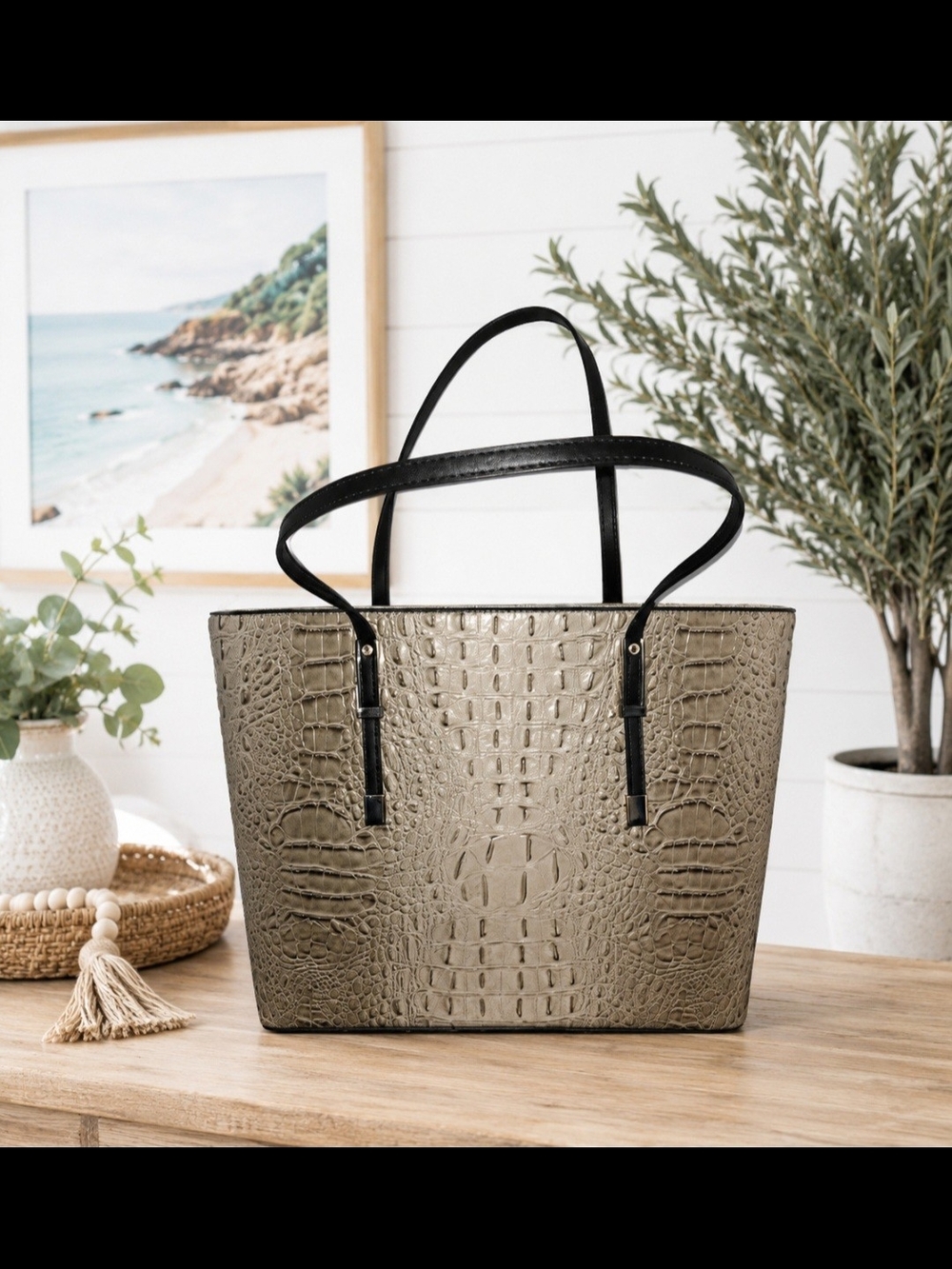 Stylish Taupe Croc-Embossed Tote